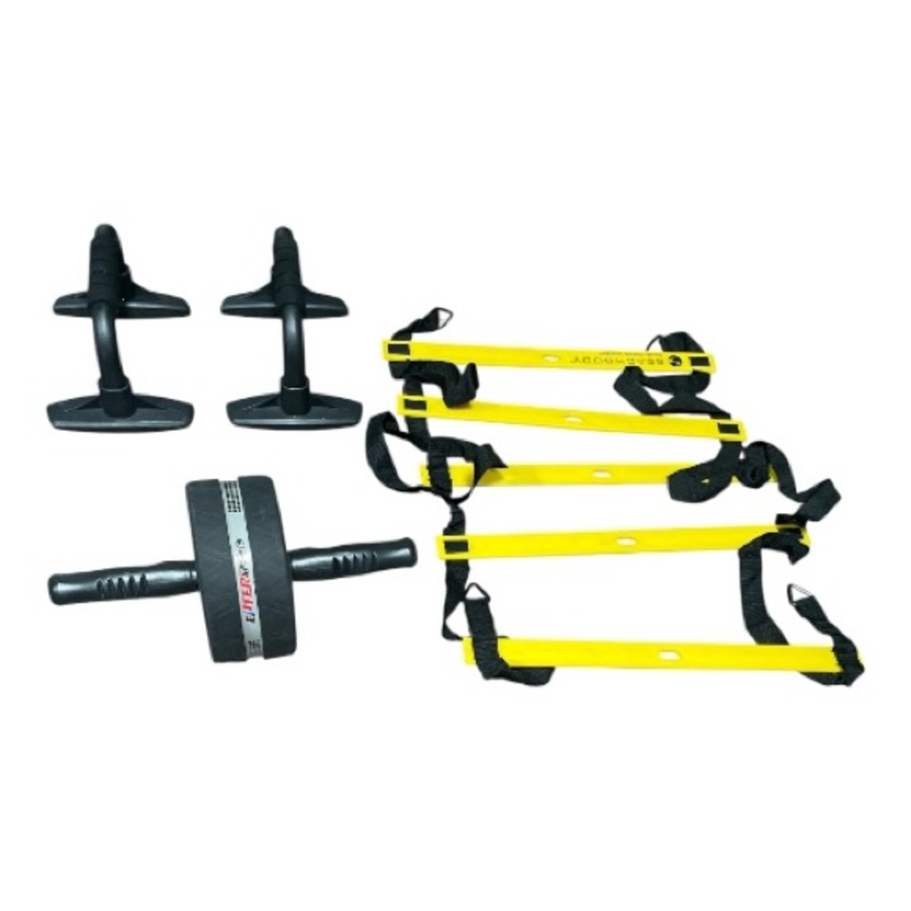 Yellow Agility Ladder ,Ab Roller Wheel and Black Push-Up Bars Set